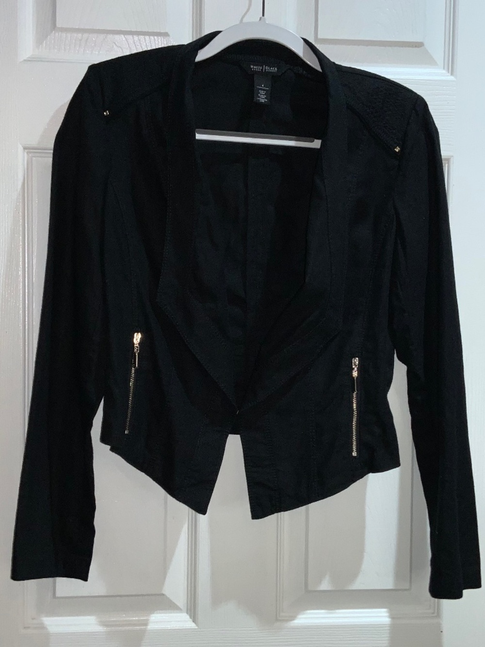White House Black Market Linen blend black moto blazer Jacket Sz 4 zipper detail